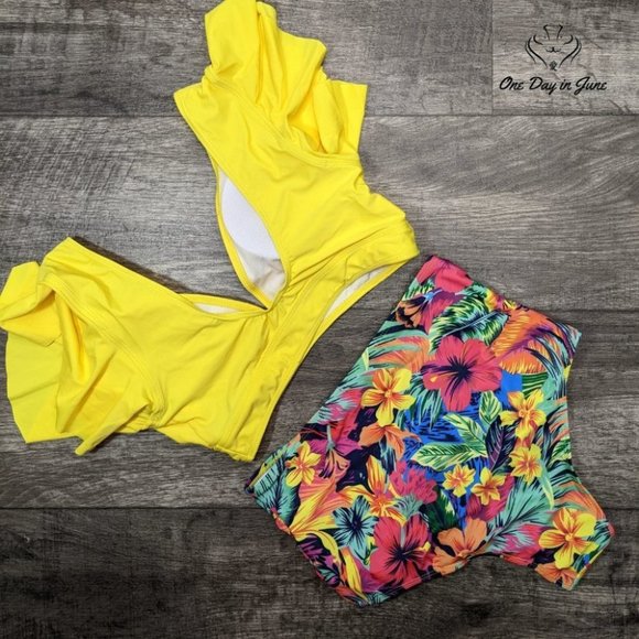 Sporlike Women Ruffle High Waist Push Up Tropical Bikini Swimsuit - Picture 4 of 4